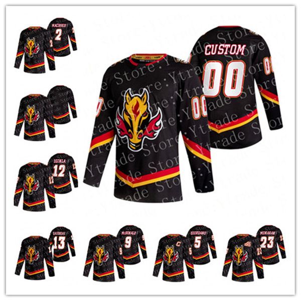 

custom mark giordano calgary flames 2021 reverse retro johnny gaudreau jarome iginla bennett elias lindholm backlund mcdonald hockey jersey, Black;red