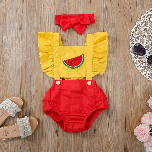

rompers lovely summer baby girls boys bodysuits watermelon/sunflowers print ruffles short sleeve backless jumpsuits headband, Blue