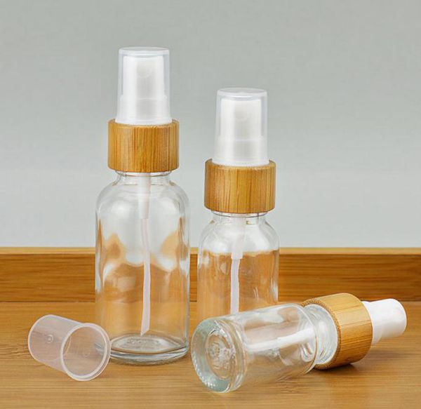 5 10 15ml 30ml 50ml Clear Bombas de vidro tops Bambu Loção Bamboos Bamboos Névoa Branca Spray Garrafas