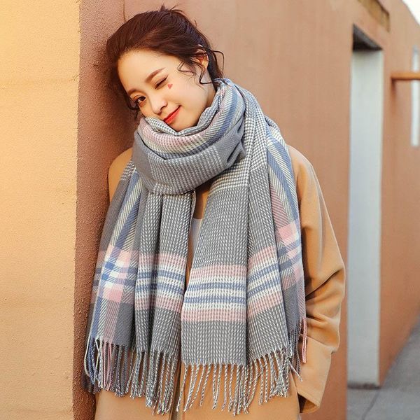 

herringbone imitation cashmere scarf fashion trend casual ladies winter new thick warmth tassel plaid comfortable shawl, Blue;gray