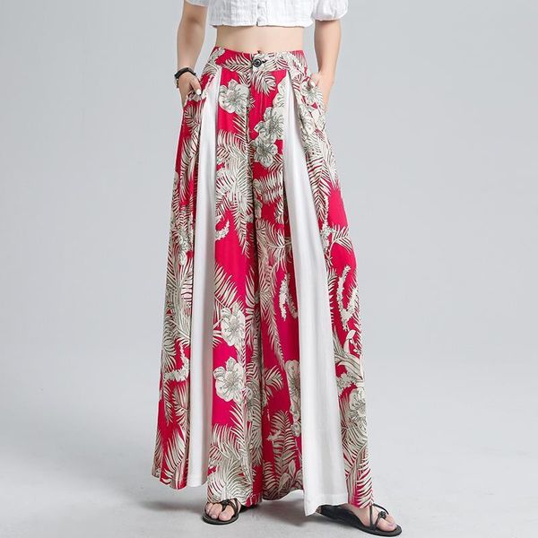 

2020 new fashion ladies summer casual retro printing bohemian elastic waist beach vacation wide leg pants large size, Black;white