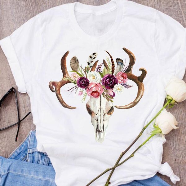 

women graphic print skull heifer bull floral cute clothing cute 90s clothes lady tees female t shirt womens t-shirt, White