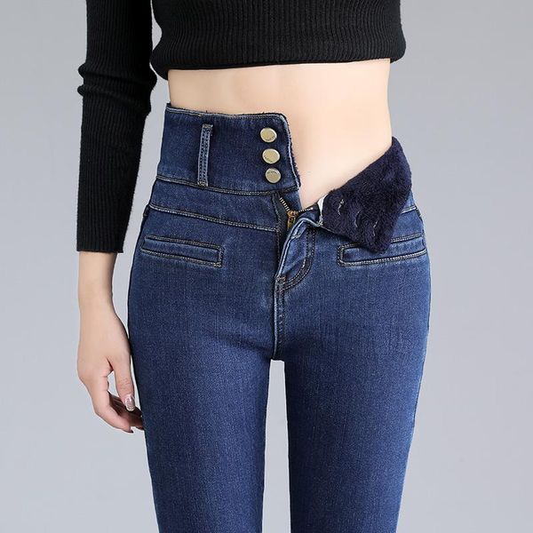 

women's jeans high waist for women winter velvet warm denim trousers black solid stretch skinny pencil pants female streetwear p9623, Blue