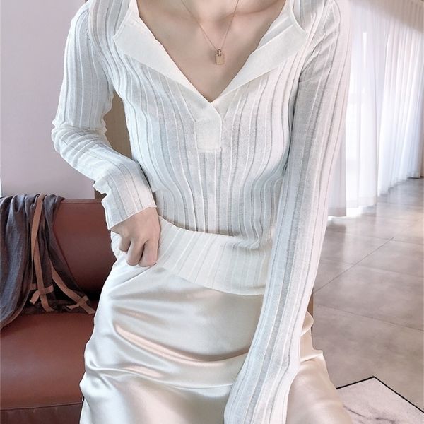 

women sweaters spring cut deep v slim silk wool cashmere knit lj201112, White;black