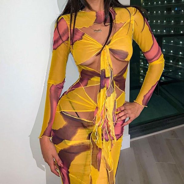 

women dress autumn tie dyeing print hollow out lace-up bodycon long sleeve sheer mesh cutout tie knotted clubwear dress, Black;gray