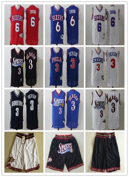 

mens philadelphia 76ers 3 allen iverson 6 julius erving black white basketball jersey basketball shorts, Black;red