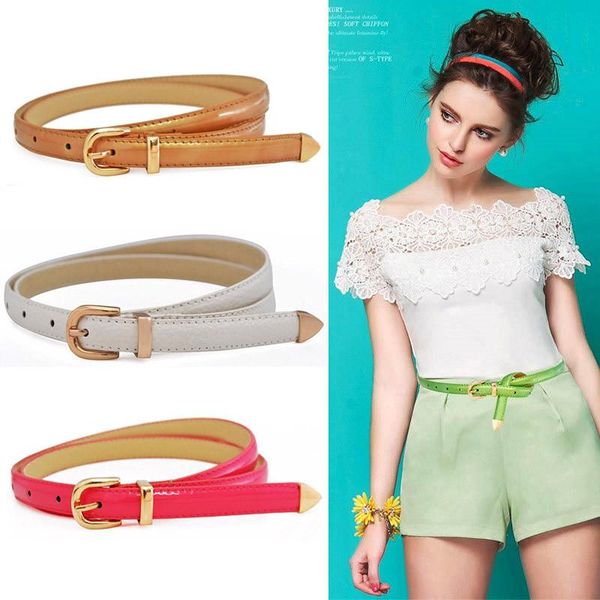 

belts 3 colors fashion women skinny waist belt thin candy color pu leather buckle narrow waistband dress apparel accessories, Black;brown