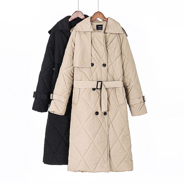 

ies winter women long coat puffer jacket double breasted parkas thicker warm outwear 201217, Black