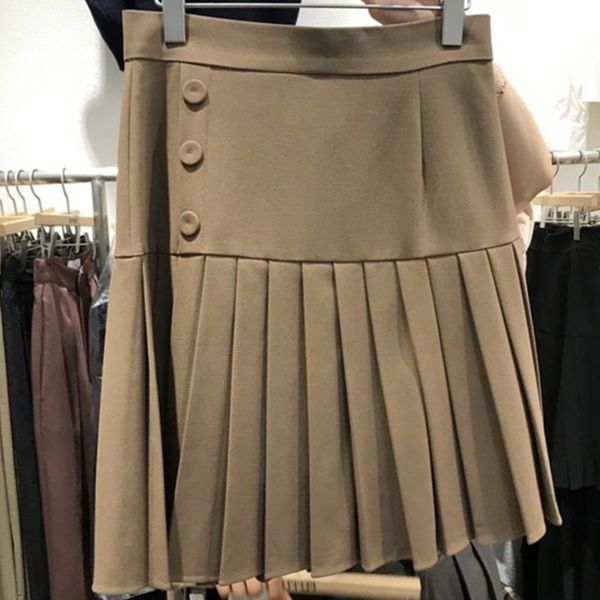

ewq] 2020 autumn for woman elegante khaki black high waist button design solid color pleated pleated hem mini skirt 8q236 y1214
