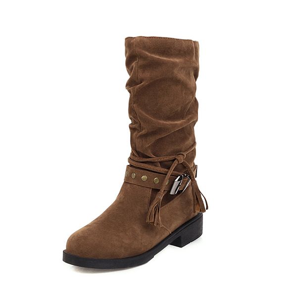 

2021 the new casual style round in the middle of calf fashion rivets plied buckles thick zipper heel low motorcycle boots women's shoes, Black