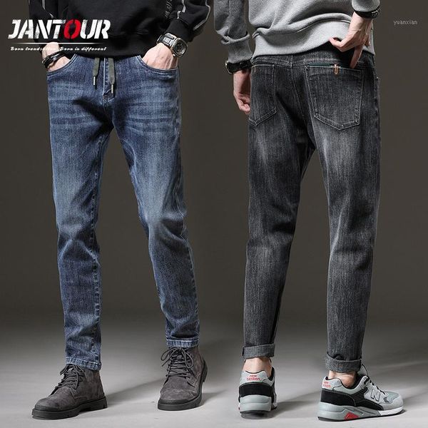 

men clothing autumn winter fashion drawstring men jeans classic blue gray straight trousers 2020 casual thicken work pants 28-381