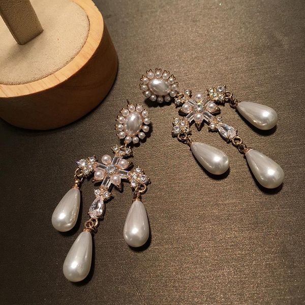 

earrings for women 2020 baroque retro temperament love heart cross pearl pendant long dangle earring tassel jewelry, Silver
