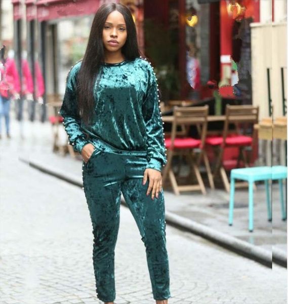 

spring women velvet 2 two piece set warm beads tracksuit smooth soft home velour suit, Gray