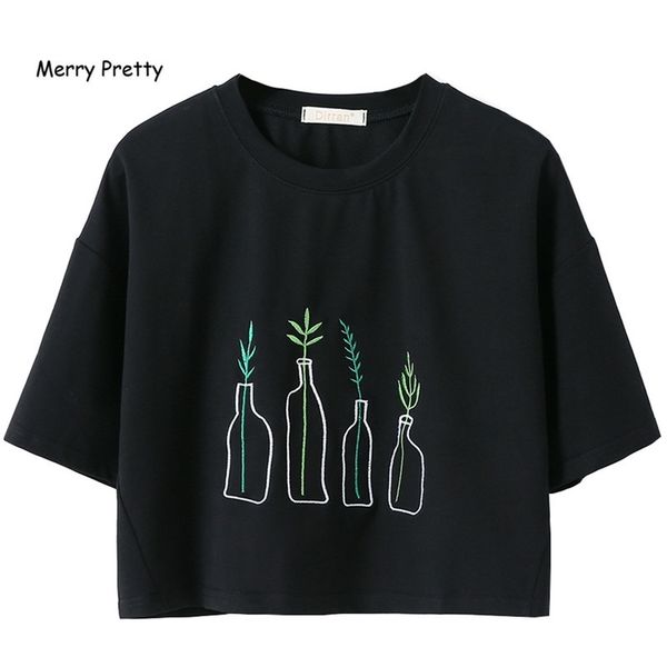 

merry pretty harajuku summer black t shirt women bottle plants embroidery cotton crop short punk sleeve short t-shirts t200512, White