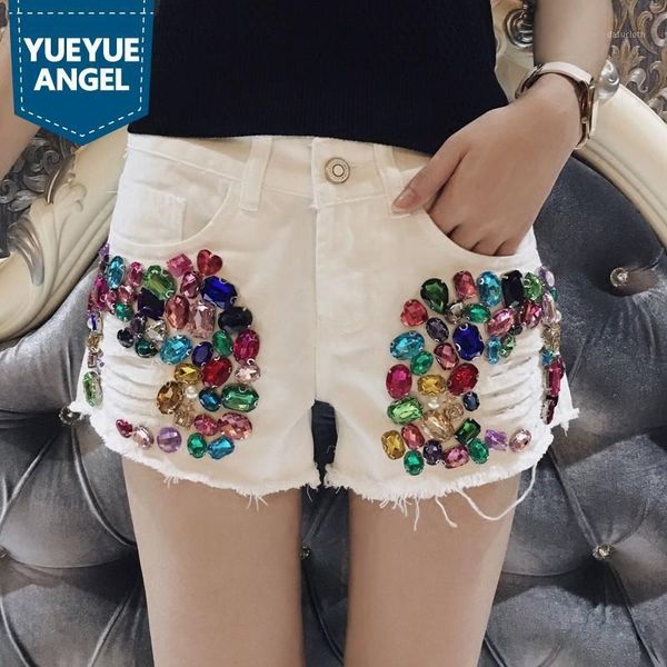

women summer diamonds white denim shorts embroidered flares hole ripped tassel pants streetwear casual zip short jeans femme1, Blue