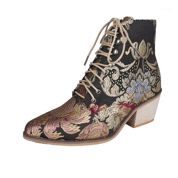 

2020 autumn and winter new satin embroidered high heel thick with short boots pointed toe with boots large size1, Black