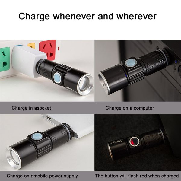 

usb handy led torch usb flash light pocket led rechargeable flashlight zoomable lamp build-in 16340 battery for hunting camping