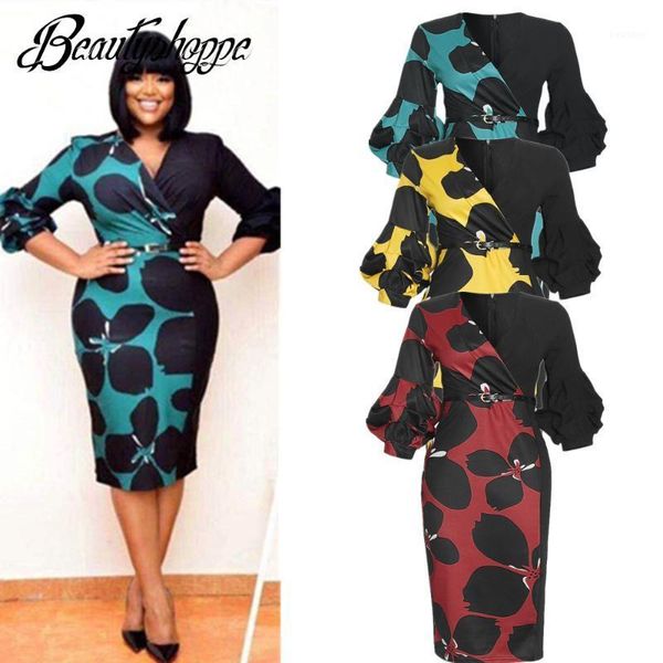 

2020 autumn elegent african women v-neck printing plus size dress african clothing dresses for women clothes1, Red