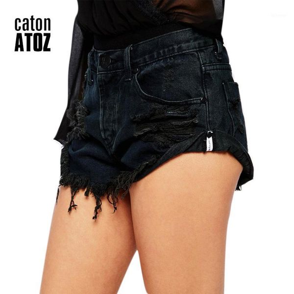 

catonatoz 2079 women's fashion brand vintage tassel button ripped denim short jeans black punk woman shorts1, White;black
