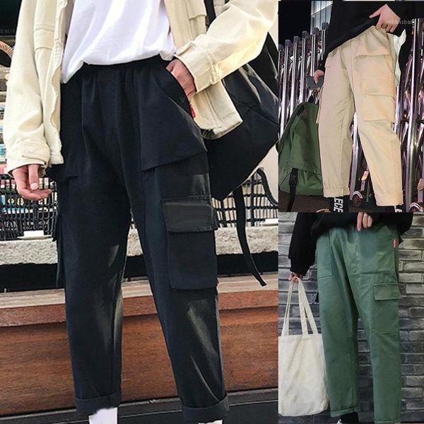 

vintage men solid color multi pockets long sports trousers straight cargo pants fashion pant1, Black