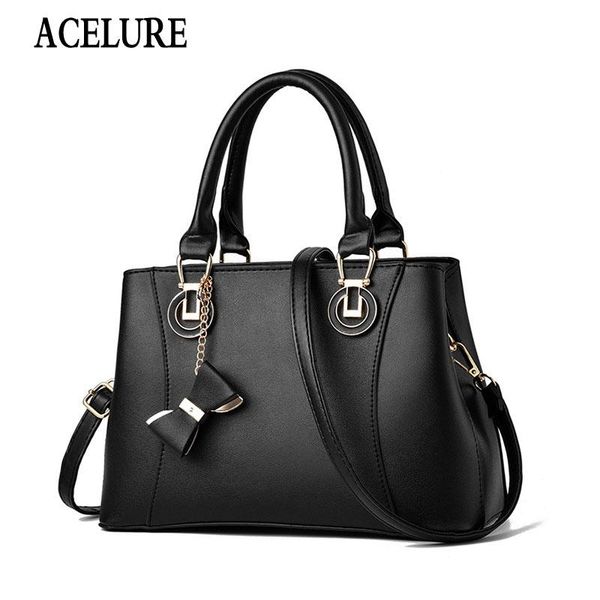 

solid color pu leather shoulder crossbody bags for women fashion bow knot pendant female vintage messenger bags ladies handbags