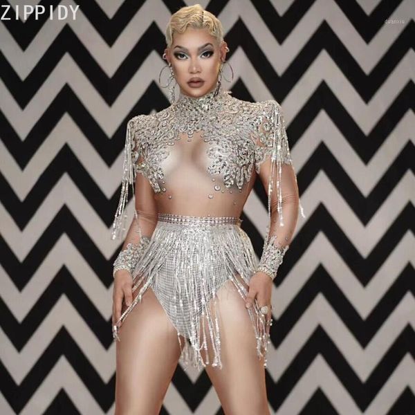

flashing silver sequin fringe rhinestone spandex bodysuit women dancer show wear high-neck outfit prom birthday wear1, Black;red
