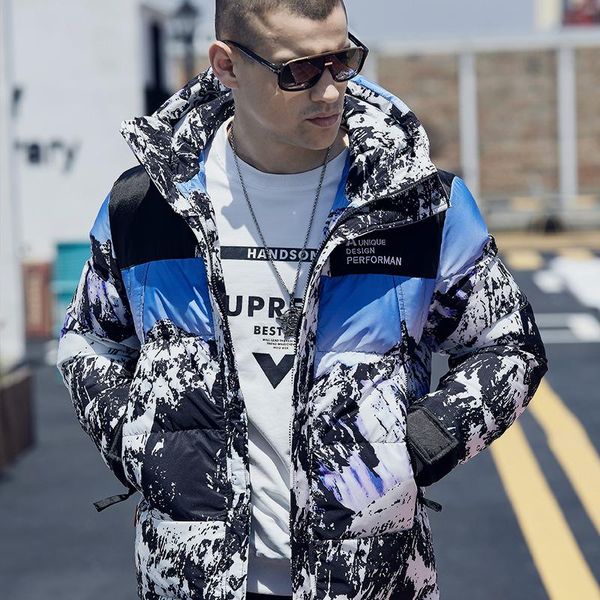 

winter cotton padded thick jacket hooded men short warm fashion bright coat relaxed style down parka digital printing outerwear, Black