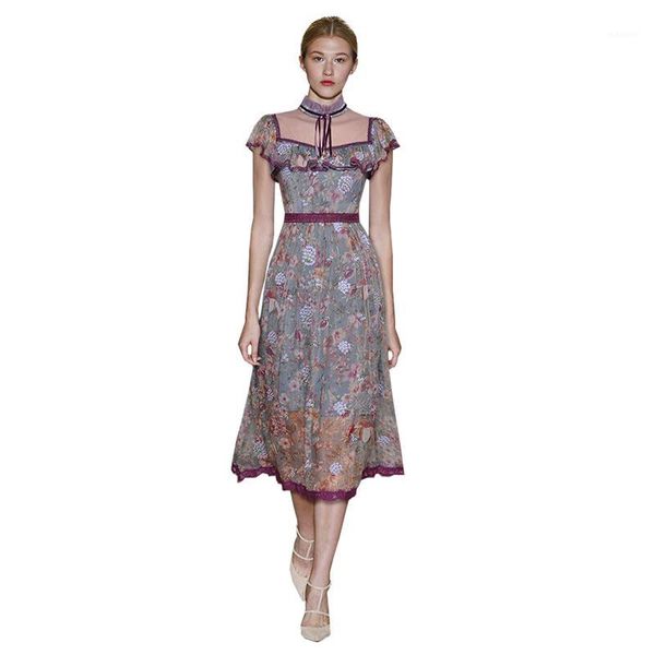 

floral embroidery print runway dress women's summer new arrivals see see through mesh patchwork ceremony dresses1, Black;gray