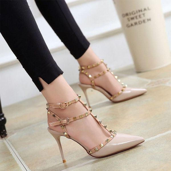 

women's shoes rivets sandals female summer 6cm/10cm thick with fine with high-heeled shoe pointed stiletto sexy, Black