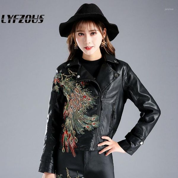 

fashion phoenix embroidery pu leather jacket women lures zippers diamonds chic short slim jacket women streetwear oversize 1, Black;brown