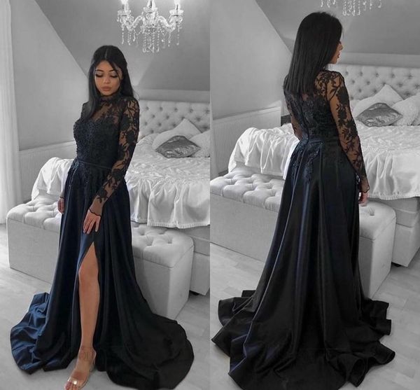 

vintage lace evening dresses full sleeves appliqued arabic dubai black prom party gowns split sweep train formal wear robes de soirée, Black;red