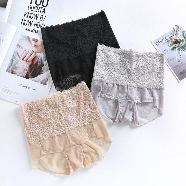 

women's panties 2021 mulberry silk mesh lace briefs ladies breathable belly high waist calcinha feminina braguitas lingerie femme, Black;pink
