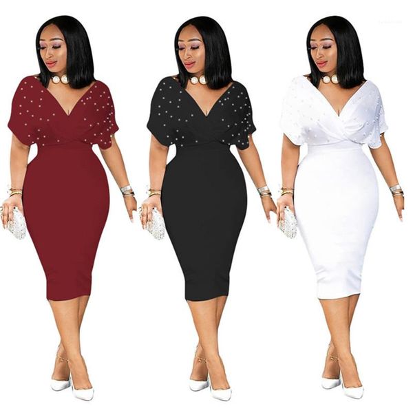 

dress v neck short sleeve waist dresses female pack hip clothes women pearl ol, Black;gray