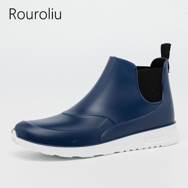 

boots rouroliu lovers casual rain women classic waterproof water shoes woman comfortable ankle rainboots thick heels rt2341, Black