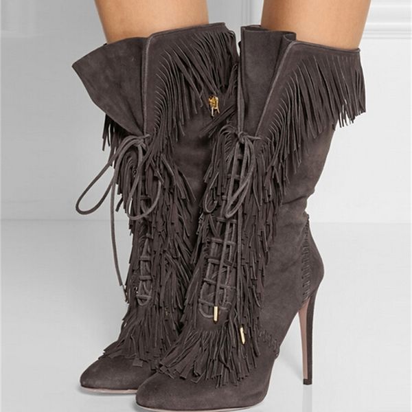 

2020 solid gray lace up mid-calf fringe boots with lateral toe high heels women shoe cslq, Black
