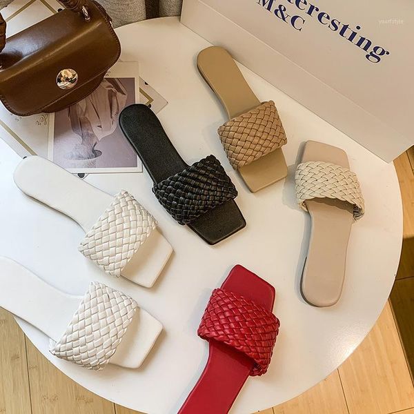 

trend weaving slippers women flat heel rubber sole solid outdoor causal beach slides non slip summer sandals ladies shoes 20211, Black