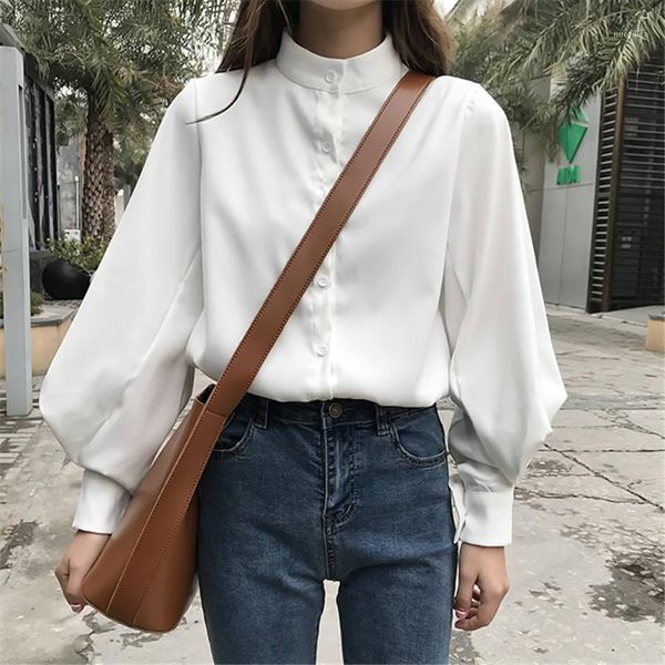 

2020 harajuku spring autumn women's shirts chic stand collar lantern sleeve blouse korean office ladies loose white blue1