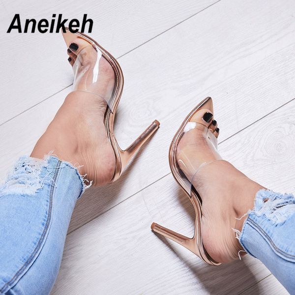

aneikeh 2019 transparent ladies sandals shoes fashion open toe pointed stiletto heels summer sandals shallow shoe high heel t200618, Black