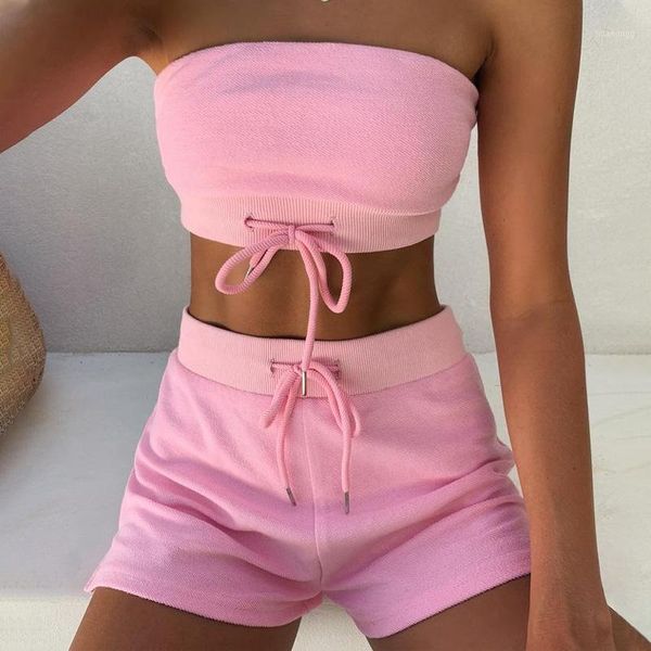 

allyzozo women summer 2 pieces set strapless crop and shorts red slash neck off shoulders pants clothing1, Gray