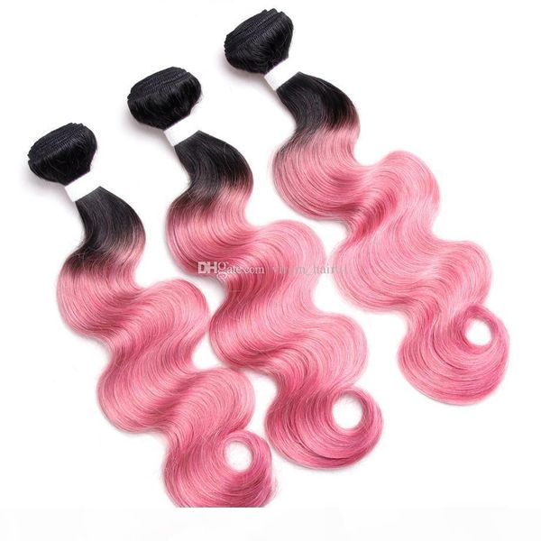 

1b pink ombre two tone ombre hair 3 bundles lot 1b pink 100% human body wave hair weaving bundles, Black;brown