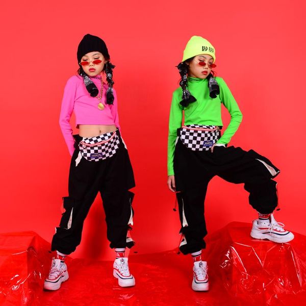 

stage wear hip hop dance costumes for girls pink green hiphop pants jazz street dancewear kids modern rave clothes dqs3419, Black;red