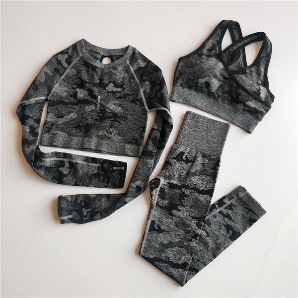 

gym clothing 3pcs camo seamless yoga set sports wear women fitness leggings+sport bra+long sleeve crop suits, White;black