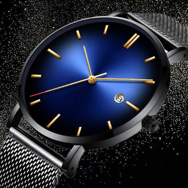 

2020 new men watches gradient color quartz casual trendy stainless steel mesh strap ultra thin clock business gift wristwatch, Silver