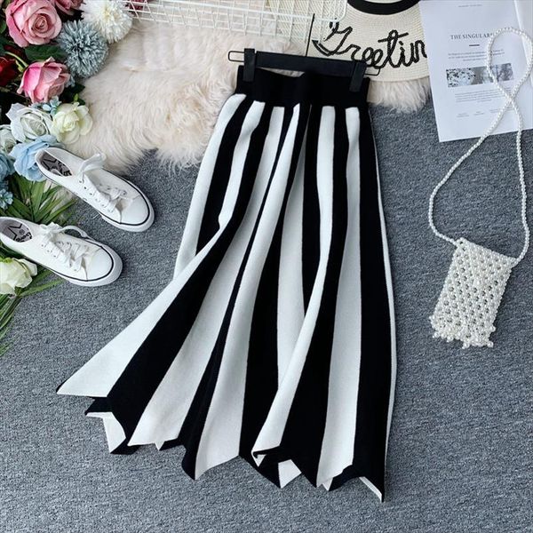 

fashion black and white striped knit skirts women 2019 new autumn elastic high waist slim skirt midi irregular femme jupe f1994