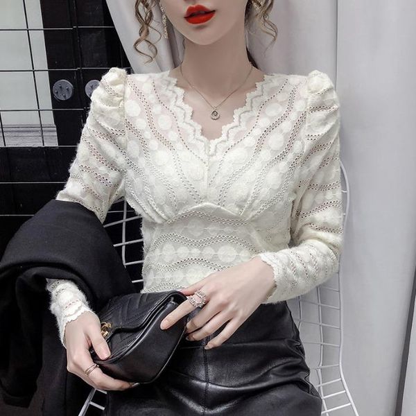 

women's blouses & shirts shirt autumn / winter 2021 foreign style waist closing lady versatile v-neck long sleeve lace hollowed out bot, White