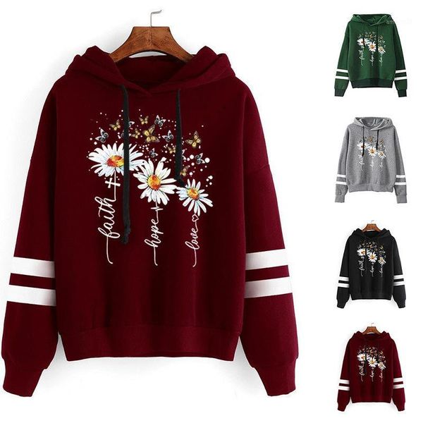 

women's hoodies & sweatshirts women hoodie faith hope love daisy printed double striped long sleeve fleece sweatshirt with hat girls pu, Black