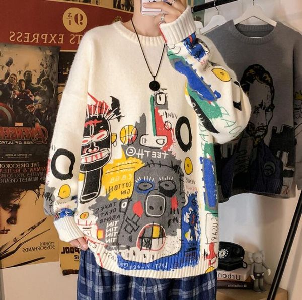 

2021 winter sweater men's loose thicken warm contrast o-neck hip-hop colorful hand-painted style pullover casual sweater w1591, White;black