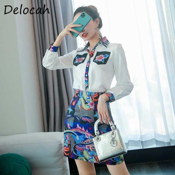 

delocah summer women fashion designer set long sleeve pockets crystal beading blouses + mini a-line skirt 2 two pieces suits1, White