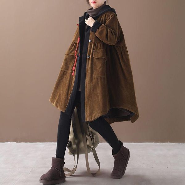 

winter clothes vintage korean loose plus size women's stitching hooded corduroy cotton-padded jacket warm cloak coat parka y761, Black;brown