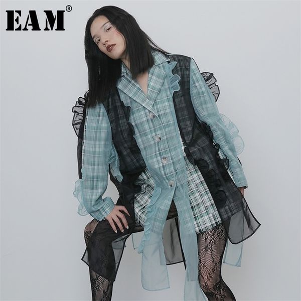 

[eam] women green ruffles organza big size blazer new lapel long sleeve loose fit jacket fashion spring autumn 2020 lj201214, White;black